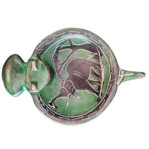 African Kiisi Carved Art Green Soapstone Rhinoceros Trinket Dish Elephants Trees